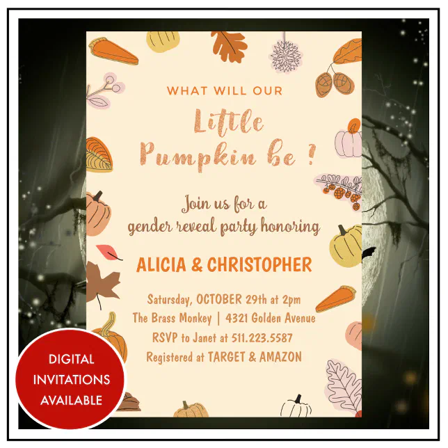 Halloween Gender reveal invitations Fall Zazzle