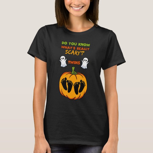 Halloween Gender Reveal Twins Baby Shower Party T-Shirt (Front)
