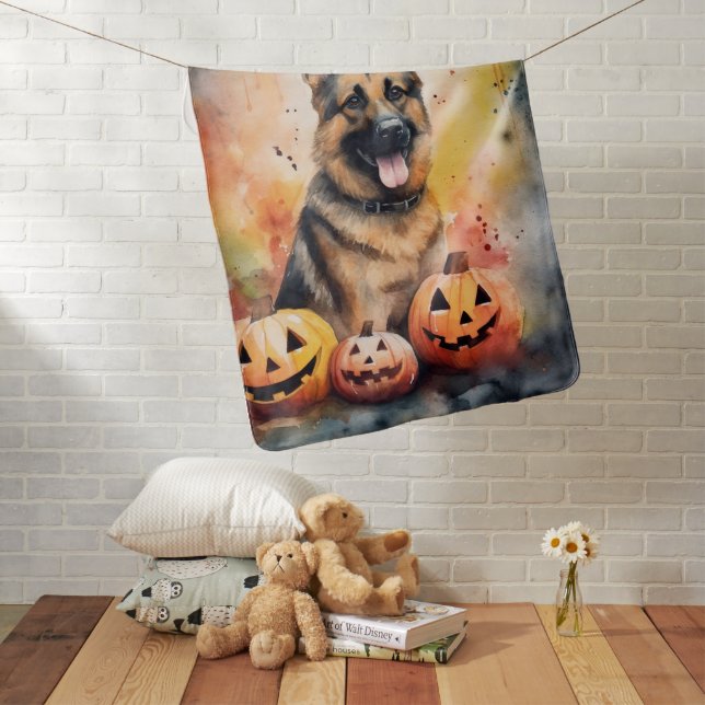 Halloween German Shepherd With Pumpkins Scary  Baby Blanket (In Situ)