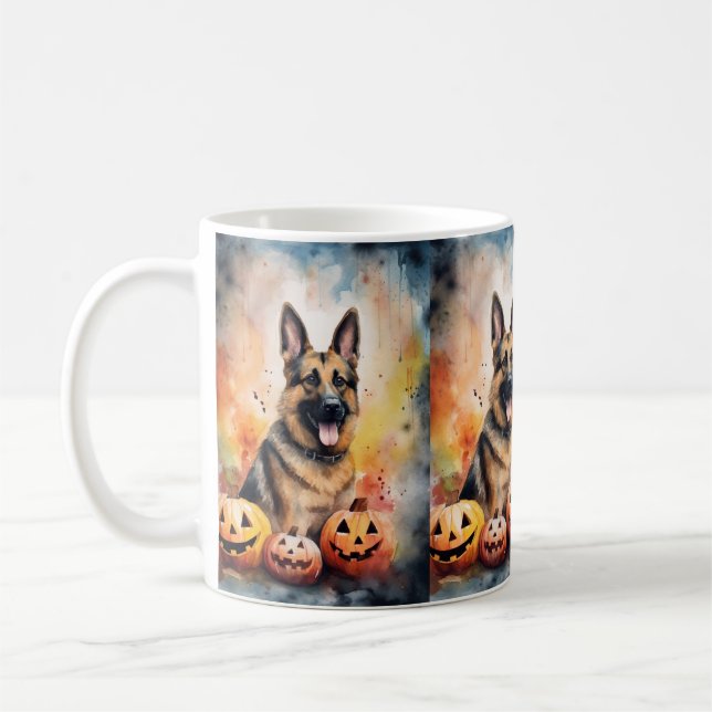 Halloween German Shepherd With Pumpkins Scary  Coffee Mug (Left)