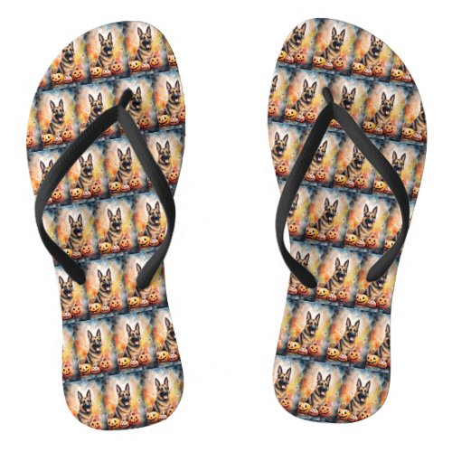 Halloween German Shepherd With Pumpkins Scary  Flip Flops