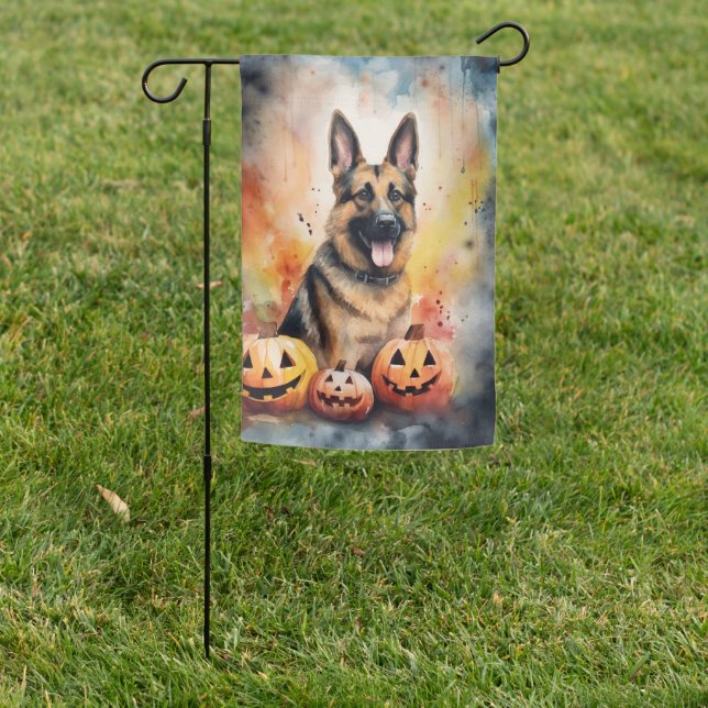 Halloween German Shepherd With Pumpkins Scary  Garden Flag (In SItu)