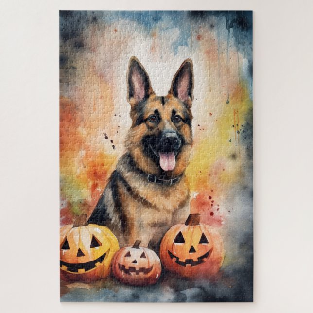 Halloween German Shepherd With Pumpkins Scary  Jigsaw Puzzle (Vertical)