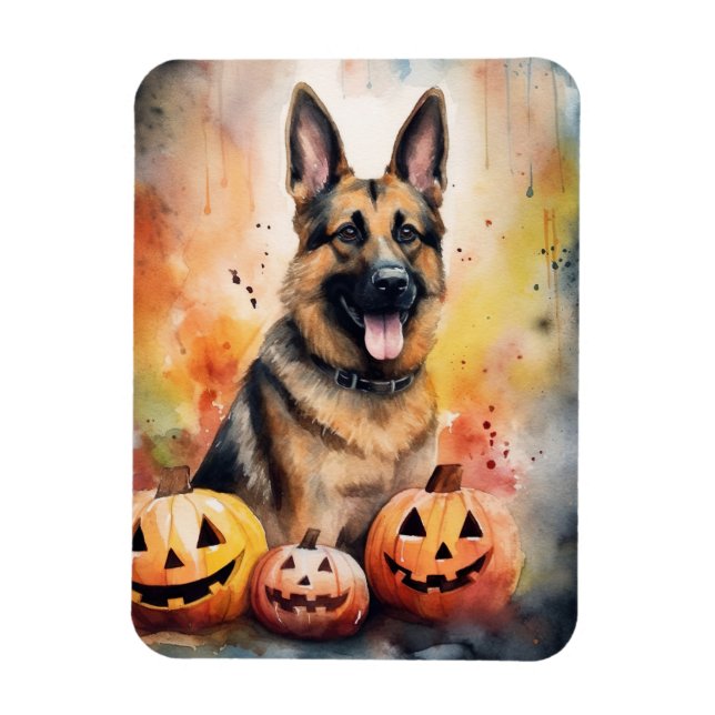 Halloween German Shepherd With Pumpkins Scary  Magnet (Vertical)