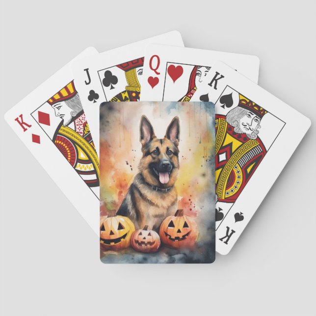 Halloween German Shepherd With Pumpkins Scary  Poker Cards (Back)