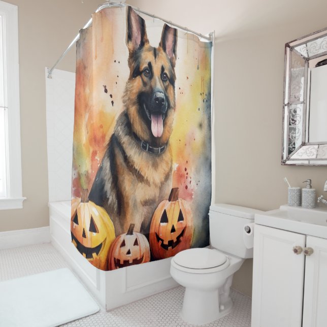 Halloween German Shepherd With Pumpkins Scary  Shower Curtain (In Situ)