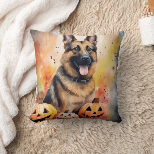 Halloween German Shepherd With Pumpkins Scary  Throw Pillow