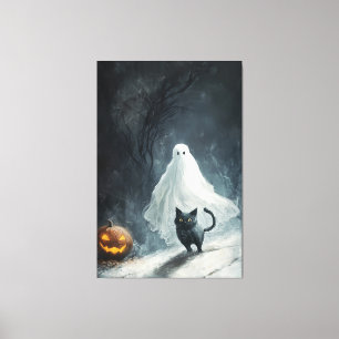 Halloween Ghost and Black Cat Canvas Print