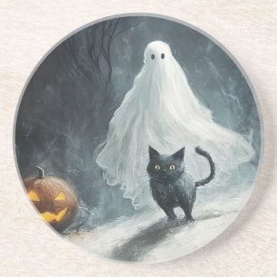 Halloween Ghost and Black Cat  Coaster
