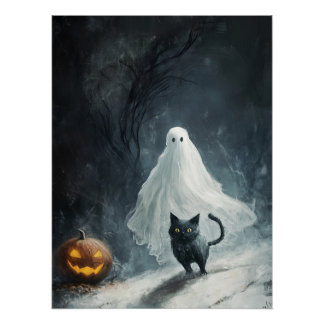 Halloween Ghost and Black Cat Poster