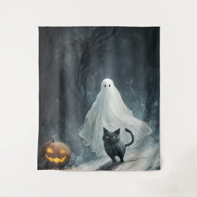 Halloween Ghost and Black Cat  Tapestry (Front)
