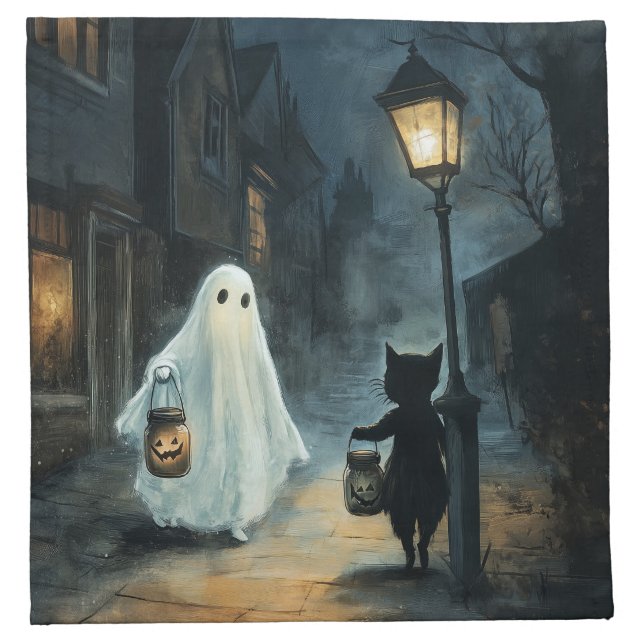 Halloween Ghost and Cat Encounter Cloth Napkin (Front)