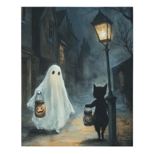 Halloween Ghost and Cat Encounter Faux Canvas Print
