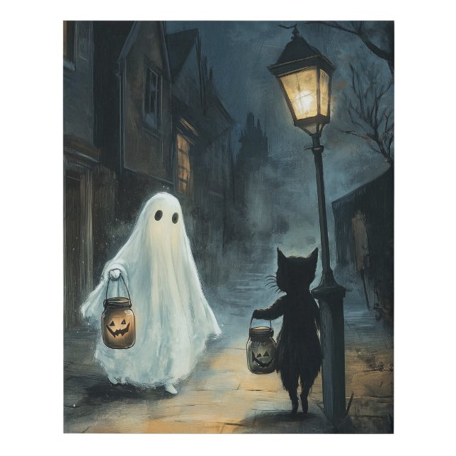 Halloween Ghost and Cat Encounter Faux Canvas Print (Front)
