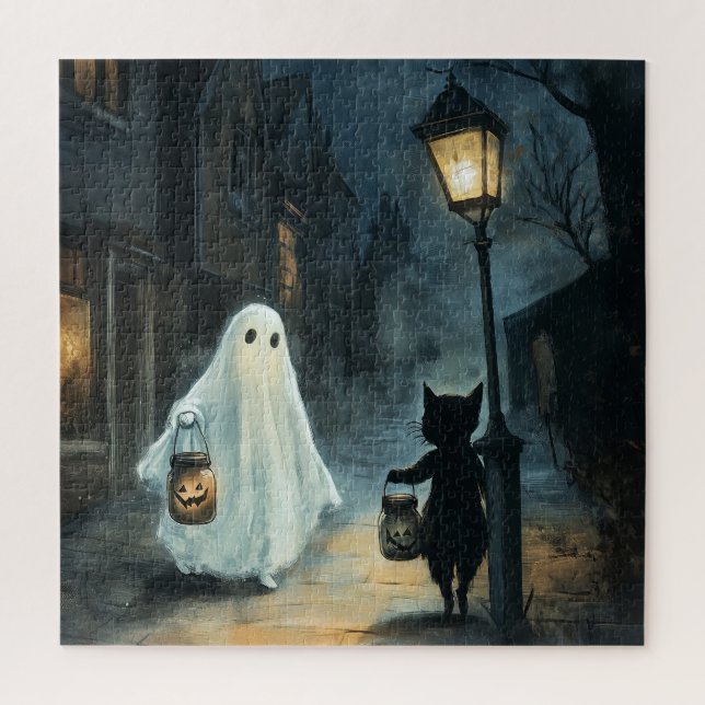 Halloween Ghost and Cat Encounter Jigsaw Puzzle (Vertical)