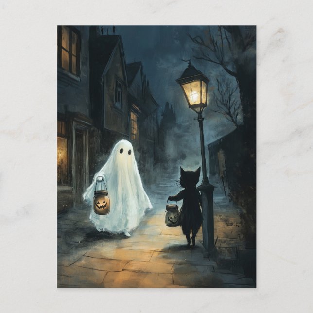Halloween Ghost and Cat Encounter Postcard (Front)