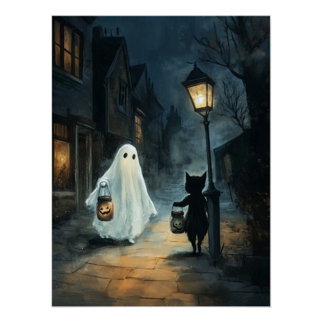 Halloween Ghost and Cat Encounter Poster (Front)