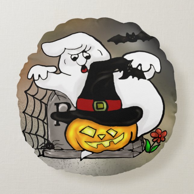 Halloween ghost and pumpkin round pillow (Front)