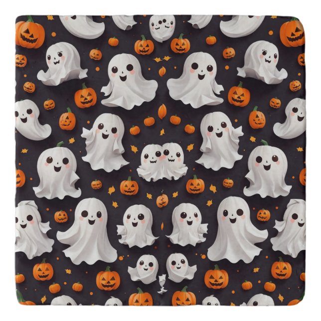 Halloween Ghost and Pumpkin Trivet (Front)
