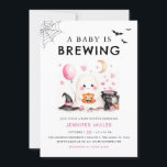 Halloween Ghost Baby Shower Invitation<br><div class="desc">Celebrate your little boo on the way with this Halloween Ghost Baby Shower Invitation, full of charm, cuteness, and just the right touch of spooky! Featuring an adorable ghost holding a pumpkin bucket, surrounded by a soft pink color palette, a witch hat, a cauldron, balloons, and floating hearts, this design...</div>