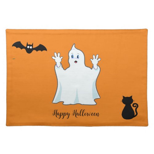 Halloween ghost bat  black cat on orange cloth placemat