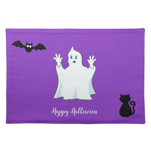 Halloween ghost bat  black cat on purple cloth placemat