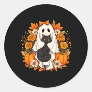 Halloween Ghost Black Cat Flowers Classic Round Sticker