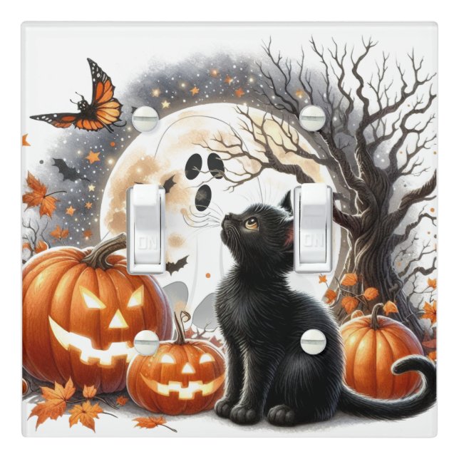 Halloween Ghost Black Cat Pumpkin  Light Switch Cover (In Situ)