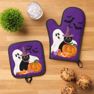 Halloween Ghost Black Cat Purple 