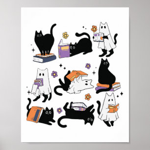 Halloween Ghost Black Cat Reading Book Costume Poster