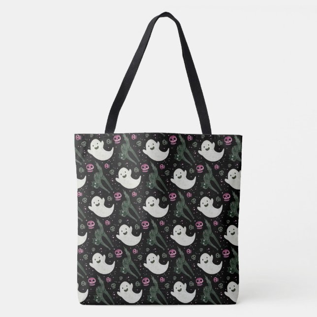 Halloween Ghost, Black Cats and Skulls Tote Bag (Front)
