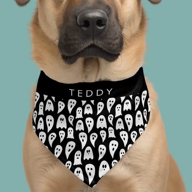 Halloween ghost black & white personalized pet bandana collar (Black & white ghost Halloween pet bandana - personalize with your pets name)
