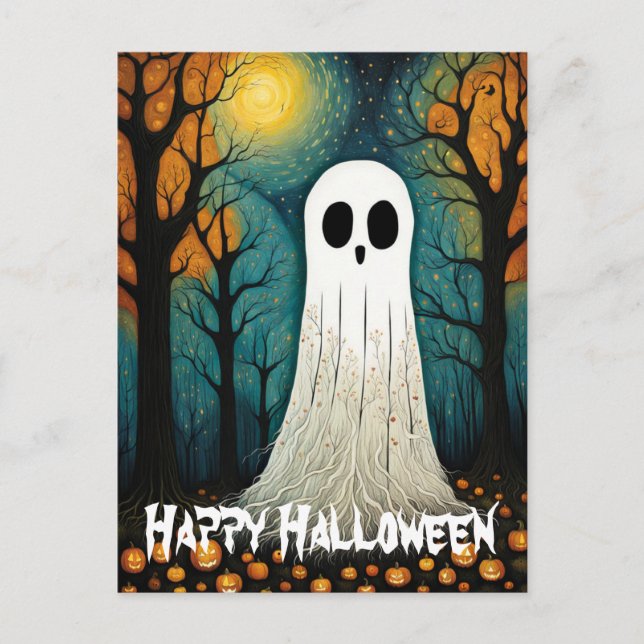 Halloween Ghost Boo Creepy Pumpkin Forest Postcard (Front)