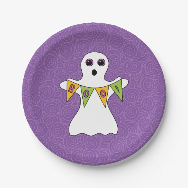 Halloween Ghost Boo Purple Party Paper Plates (Front)