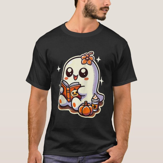 Halloween Ghost Book Coffee Pumpkin Autumn Cute Re T-Shirt (Front)