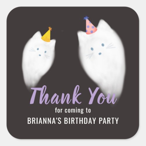 Halloween Ghost Cat Birthday Thank You Black Square Sticker