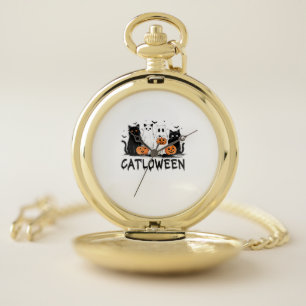 Halloween Ghost Cat Catloween Funny Black Cat Cat Pocket Watch