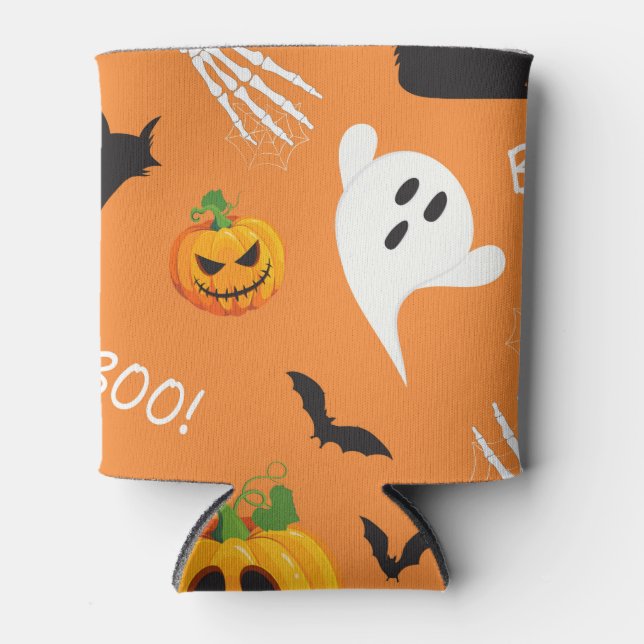 Halloween Ghost Cat Pumpkin Pattern Can Cooler (Front)