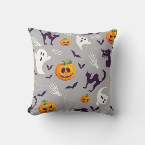 Halloween Ghost Cat Pumpkin Pattern Throw Pillow