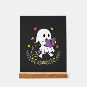 Halloween Ghost Cat Reading Book Floral Design_1 Acrylic Sign