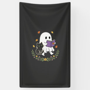 Halloween Ghost Cat Reading Book Floral Design_1 Banner