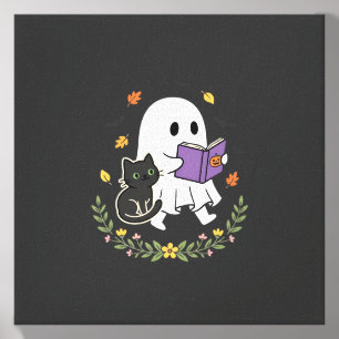 Halloween Ghost Cat Reading Book Floral Design_1 Canvas Photo Tile