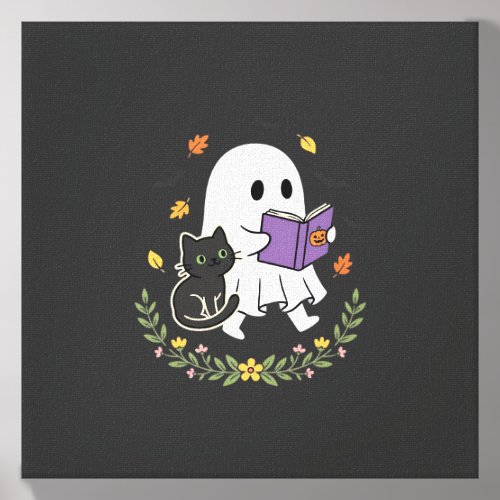 Halloween Ghost Cat Reading Book Floral Design_1 Canvas Photo Tile