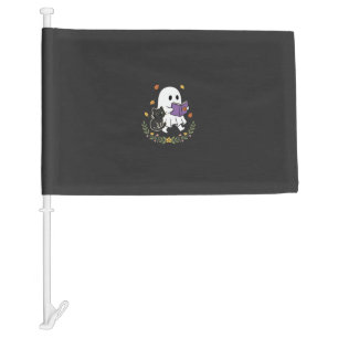 Halloween Ghost Cat Reading Book Floral Design_1 Car Flag
