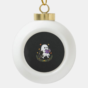 Halloween Ghost Cat Reading Book Floral Design_1 Ceramic Ball Christmas Ornament