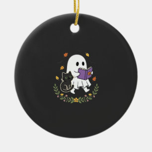 Halloween Ghost Cat Reading Book Floral Design_1 Ceramic Ornament