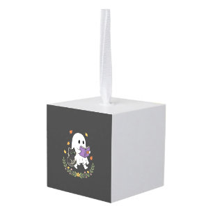 Halloween Ghost Cat Reading Book Floral Design_1 Cube Ornament