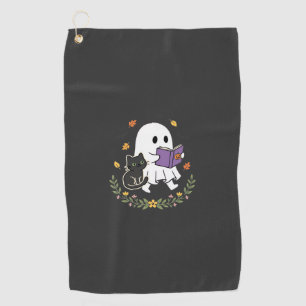 Halloween Ghost Cat Reading Book Floral Design_1 Golf Towel