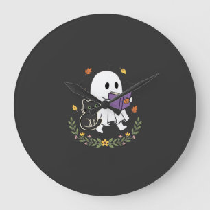 Halloween Ghost Cat Reading Book Floral Design_1 Large Clock
