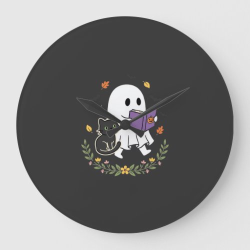 Halloween Ghost Cat Reading Book Floral Design_1 Large Clock